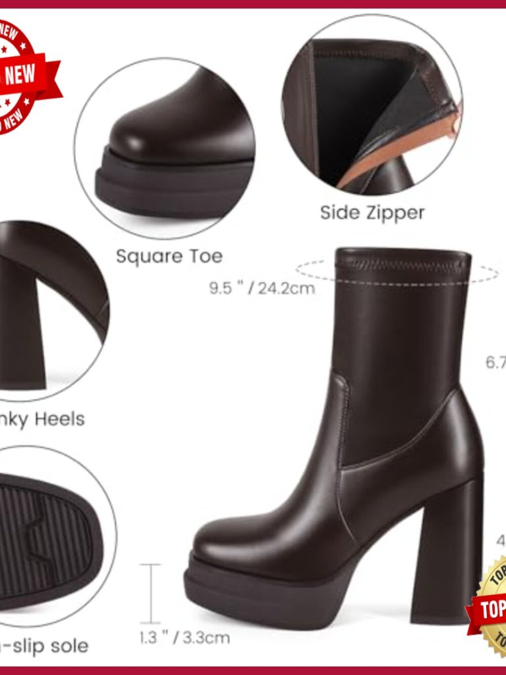 Chunky High Heel Platform Ankle Booties Square Toe Stretchy Side Zip Combat - Picture 5 of 7